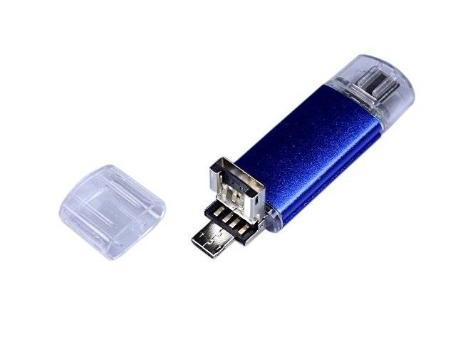 USB-флешка на 64 ГБ c двумя дополнительными разъемами MicroUSB и TypeC, синий