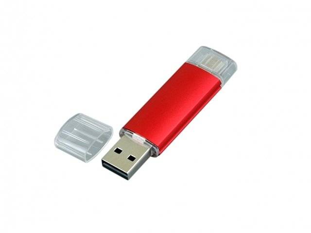 USB-флешка на 16 Гб.c дополнительным разъемом Micro USB, красный