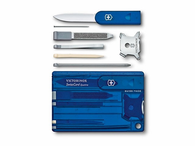 Швейцарская карточка VICTORINOX SwissCard Quattro, 14 функций, полупрозрачная синяя