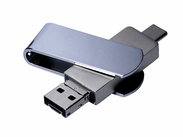 USB 2.0-флешка на 64 Гб поворотный механизм, c дополнительным разъемом Micro USB с одноцветным металлическим клипом