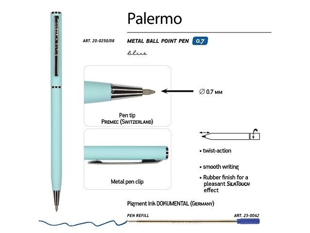 Ручка "Palermo" шариковая  автоматическая, нежно- голубой металлический корпус, 0,7 мм, синяя