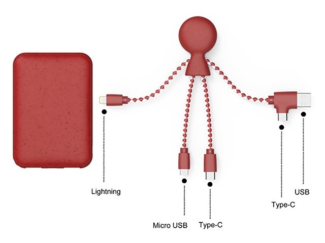 Портативное зарядное устройство "BioPack" c кабелем "Mr. Bio", 5000 mAh, красный