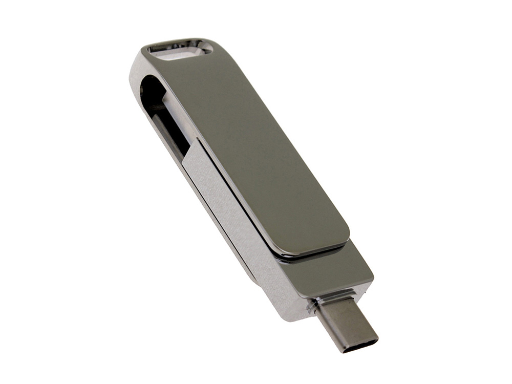 USB 3.0- флешка на 256 Гб поворотный механизм 2 в 1, c дополнительным разъемом Type-C с одноцветным металлическим клипом, серебристый