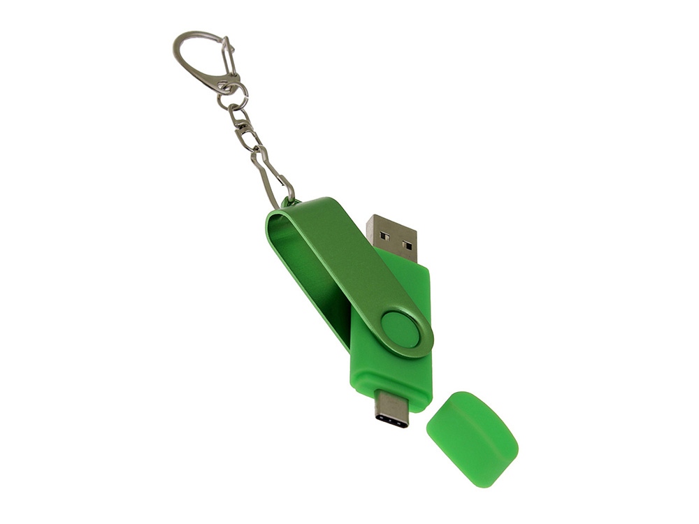 USB-флешка на 64 Гб 2 в 1 поворотный механизм, c дополнительным разъемом Type-C с одноцветным металлическим клипом, зеленый