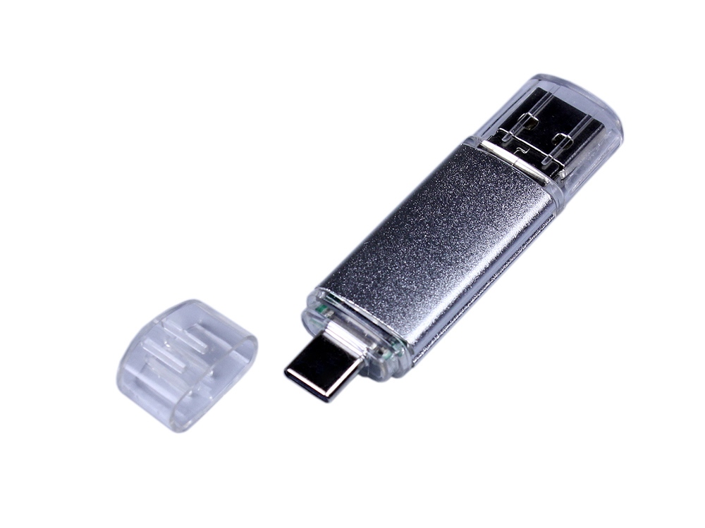 USB-флешка на 32 Гб c двумя дополнительными разъемами MicroUSB и TypeC, серебро, серебристый