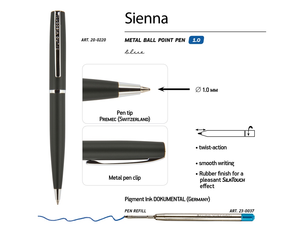 Ручка Sienna шариковая  автоматическая, черный металлический корпус soft-touch, 1.0 мм, синяя