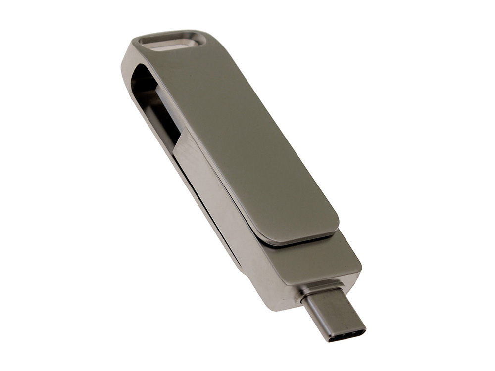 USB 3.0- флешка на 64 Гб поворотный механизм 2 в 1, c дополнительным разъемом Type-C с одноцветным металлическим клипом, серый