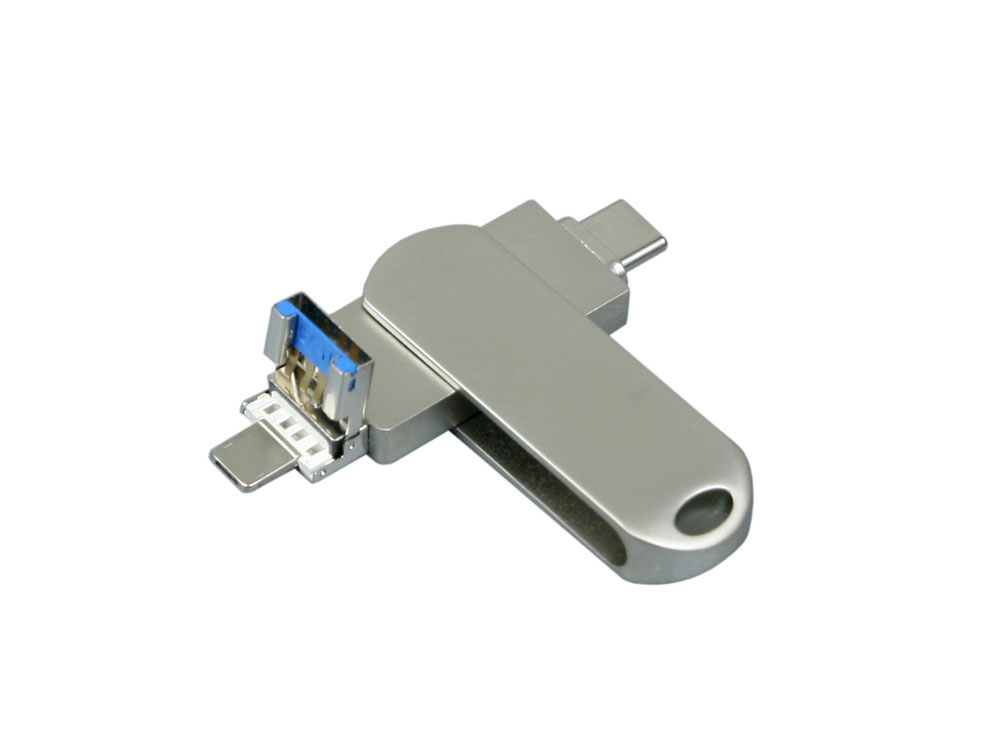 Металлическая флешка для айфона 3 в 1 (i-flash_TYPEC_3_in_1.32.S, I= 32 Гб USB 3.0, Металлический корпус. Без перс.), серебристый