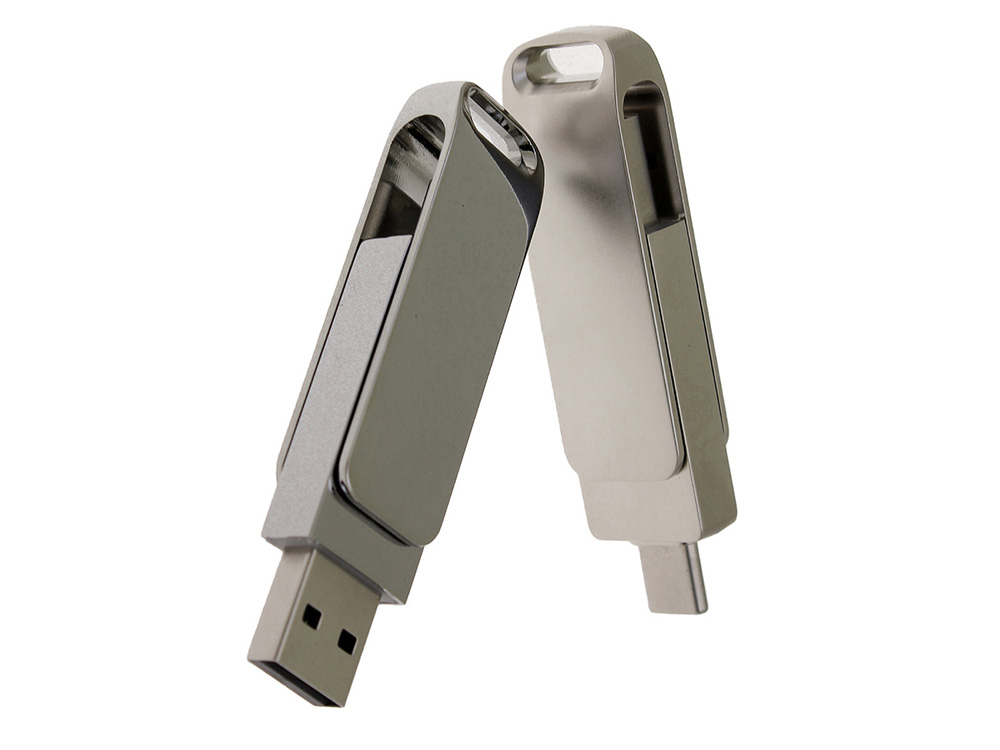 USB 3.0- флешка на 64 Гб поворотный механизм 2 в 1, c дополнительным разъемом Type-C с одноцветным металлическим клипом, серый