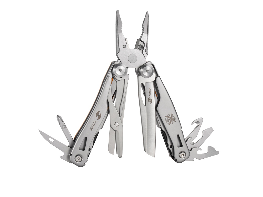 Мультитул Stinger, 106 мм, 15 функций, сталь/АБС-пластик, оранжевый, в комплекте нейлоновый чехол, оранжевый, серебристый