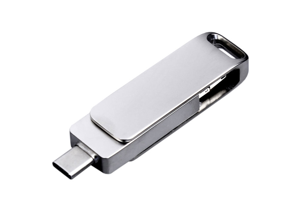 USB 2.0-флешка на 64 Гб поворотный механизм, c дополнительным разъемом Micro USB с одноцветным металлическим клипом, серебристый
