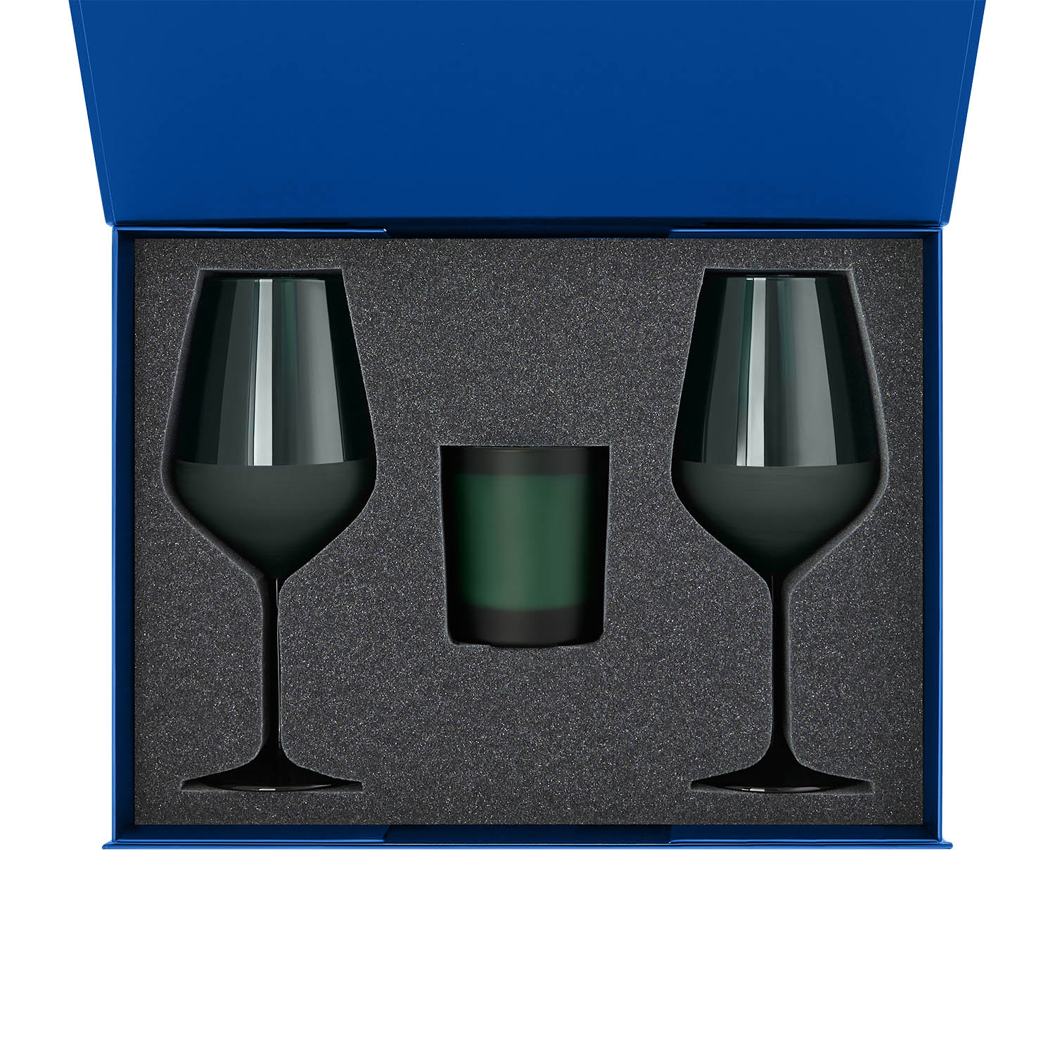 Подарочный набор свеча Enigma + 2 бокала для вина Emerald в синей коробке