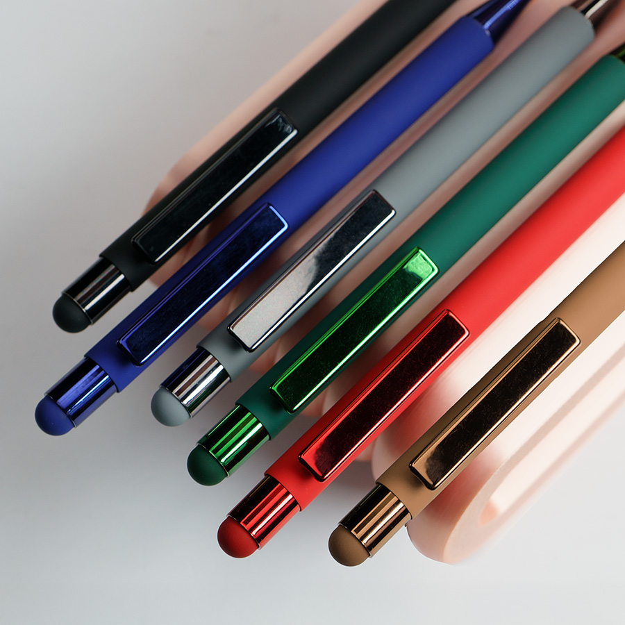 Ручка шариковая FACTOR COLOR со стилусом, красный, металл, пластик, софт-покрытие