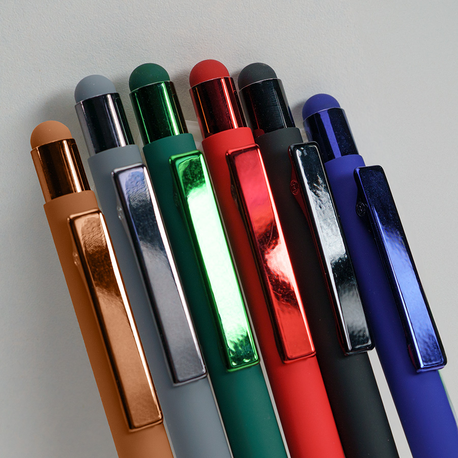 Ручка шариковая FACTOR COLOR со стилусом, красный, металл, пластик, софт-покрытие