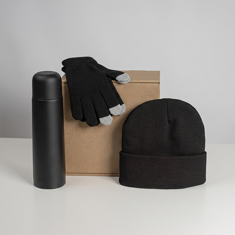 Набор подарочный GET WARM: перчатки, шапка, термос; черный