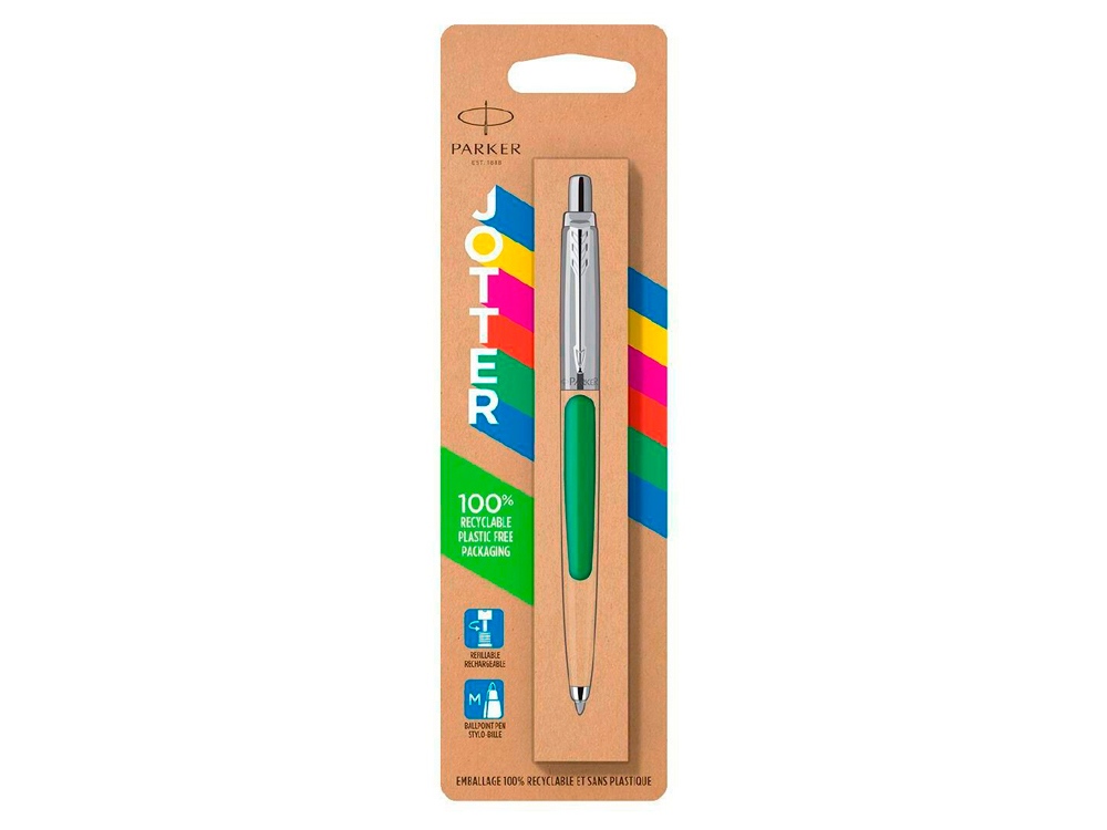 Шариковая ручка Parker Jotter ORIGINALS GREEN CT, стержень: M blue ЭКО-УПАКОВКА, зеленый, серебристый