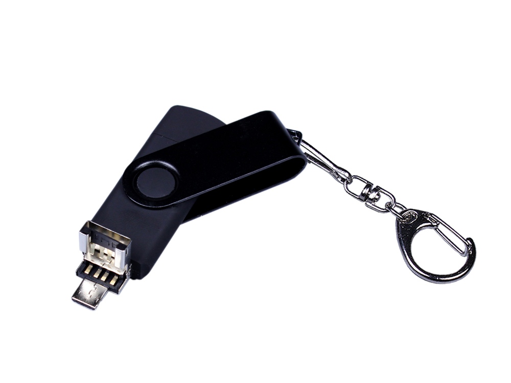 USB-флешка на 64 ГБ 3 в 1 поворотный механизм, c двумя дополнительными разъемами MicroUSB и TypeC C с одноцветным металлическим клипом, черный