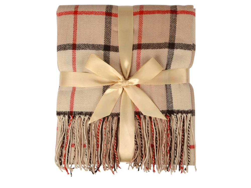 Плед акриловый в клетку Tartan, бежевый, бежевый, красный