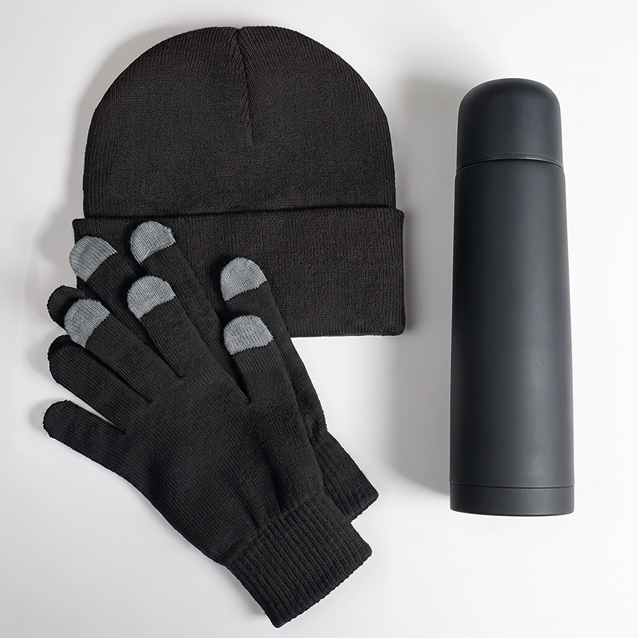 Набор подарочный GET WARM: перчатки, шапка, термос; черный