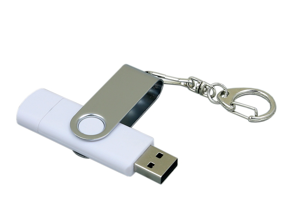 Флешка с  поворотным механизмом, c дополнительным разъемом Micro USB, 16 Гб, белый, белый, серебристый