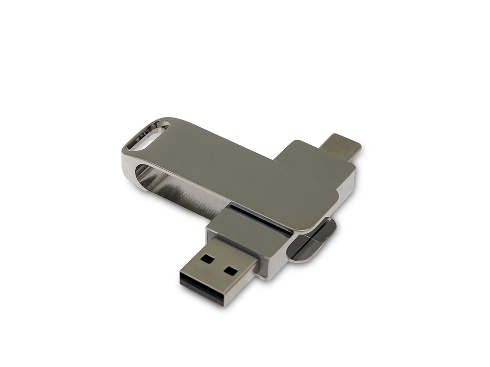 USB 2.0- флешка на 128 Гб поворотный механизм 2 в 1, c дополнительным разъемом Type-C с одноцветным металлическим клипом, серебристый