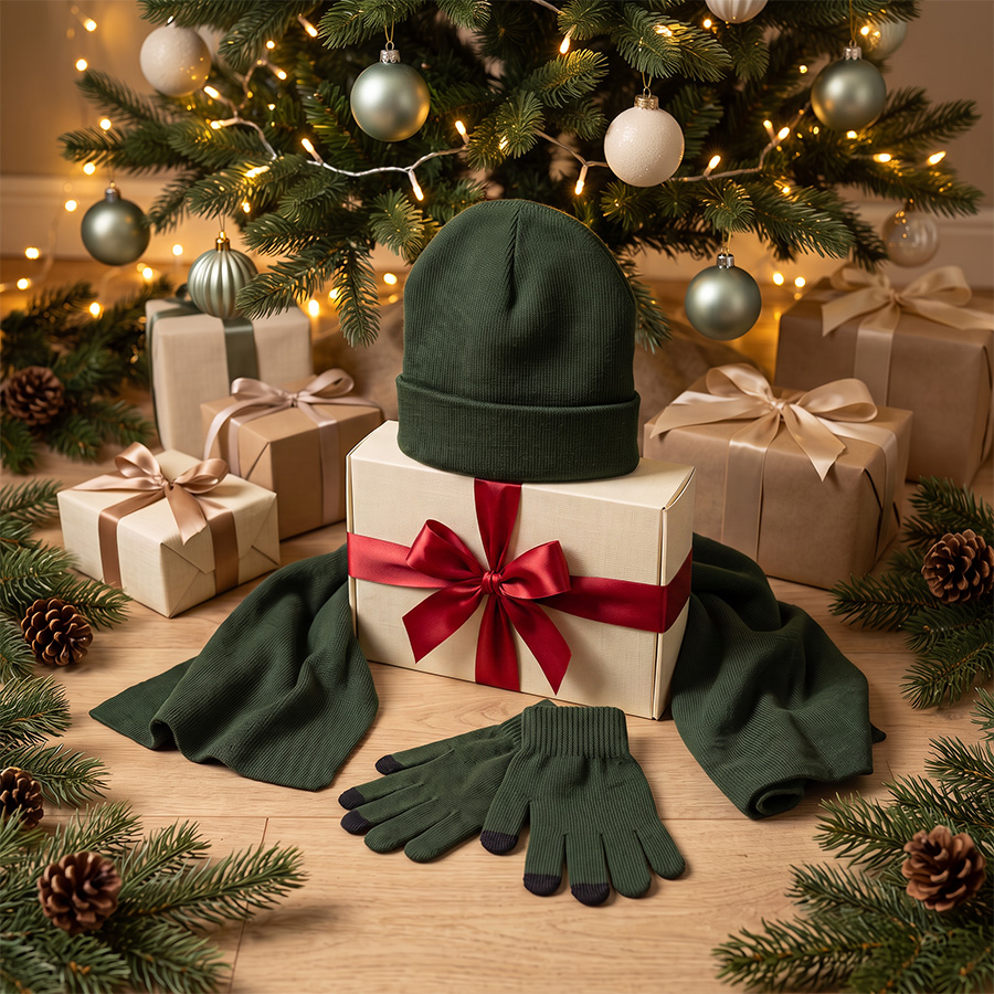 Набор подарочный Green Christmas: шапка, варежки, перчатки в коробке