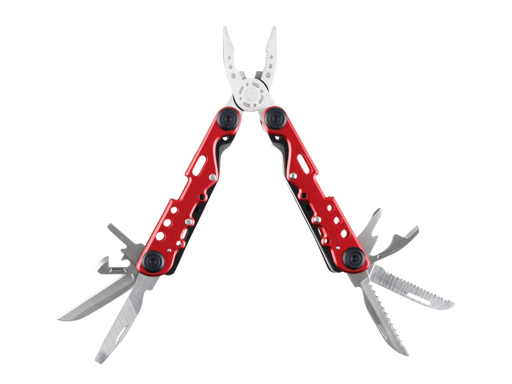 Мультитул Stinger, 105x40 мм, 13 функций, сталь, красно-серебристый, в комплекте нейлоновый чехол, красный, серебристый