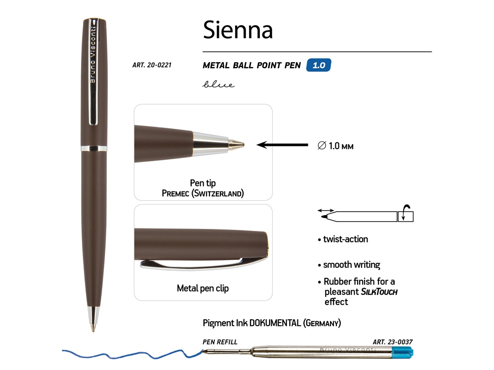Ручка Sienna шариковая  автоматическая, коричневый металлический корпус soft-touch, 1.0 мм, синяя