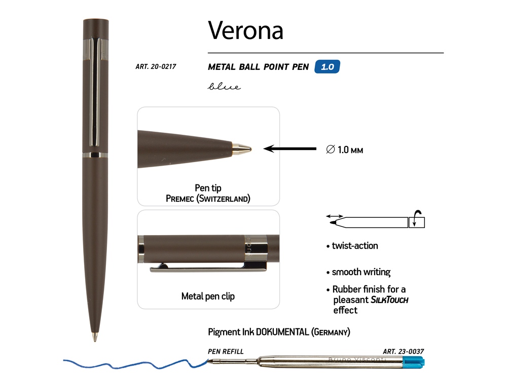 Ручка шариковая автоматическая BrunoVisconti VERONA цвет корпуса коричневый, soft-touch, 1 мм, синяя