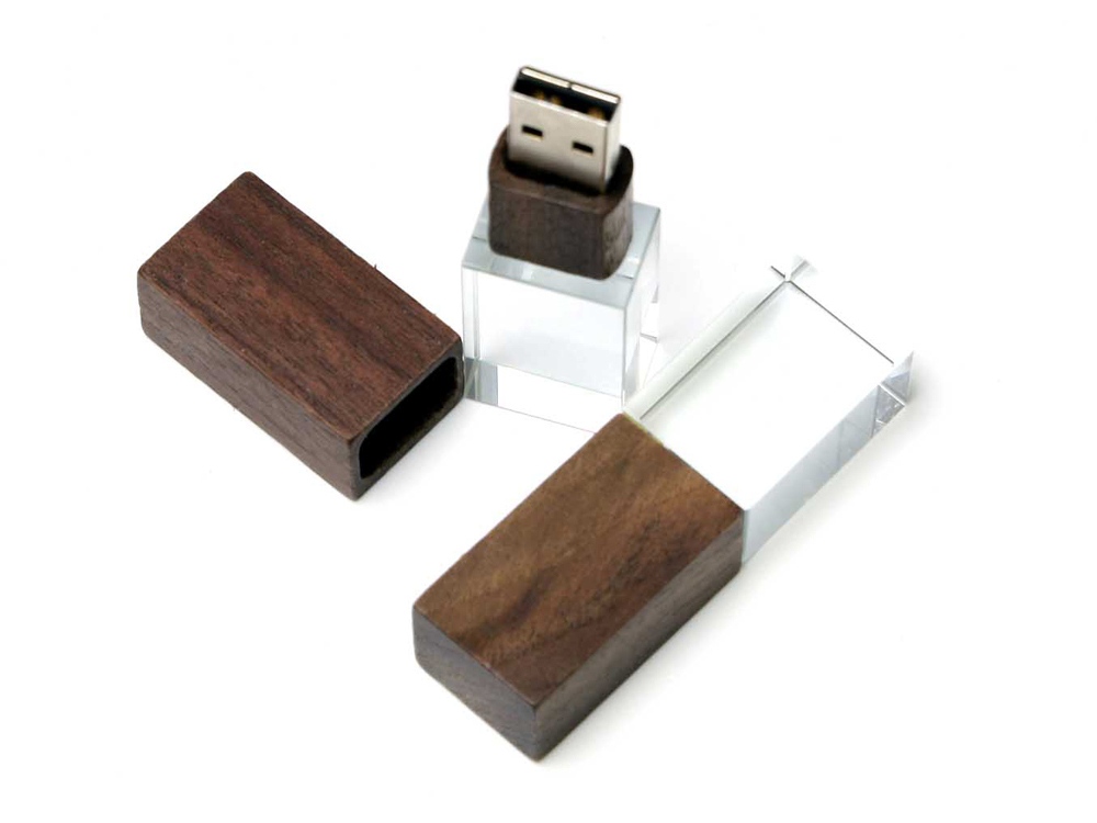 USB-флешка на 64 ГБ прямоугольной формы, под гравировку 3D логотипа, материал стекло, с деревянным колпачком красного цвета, зеленый, коричневый, прозрачный, зеленый