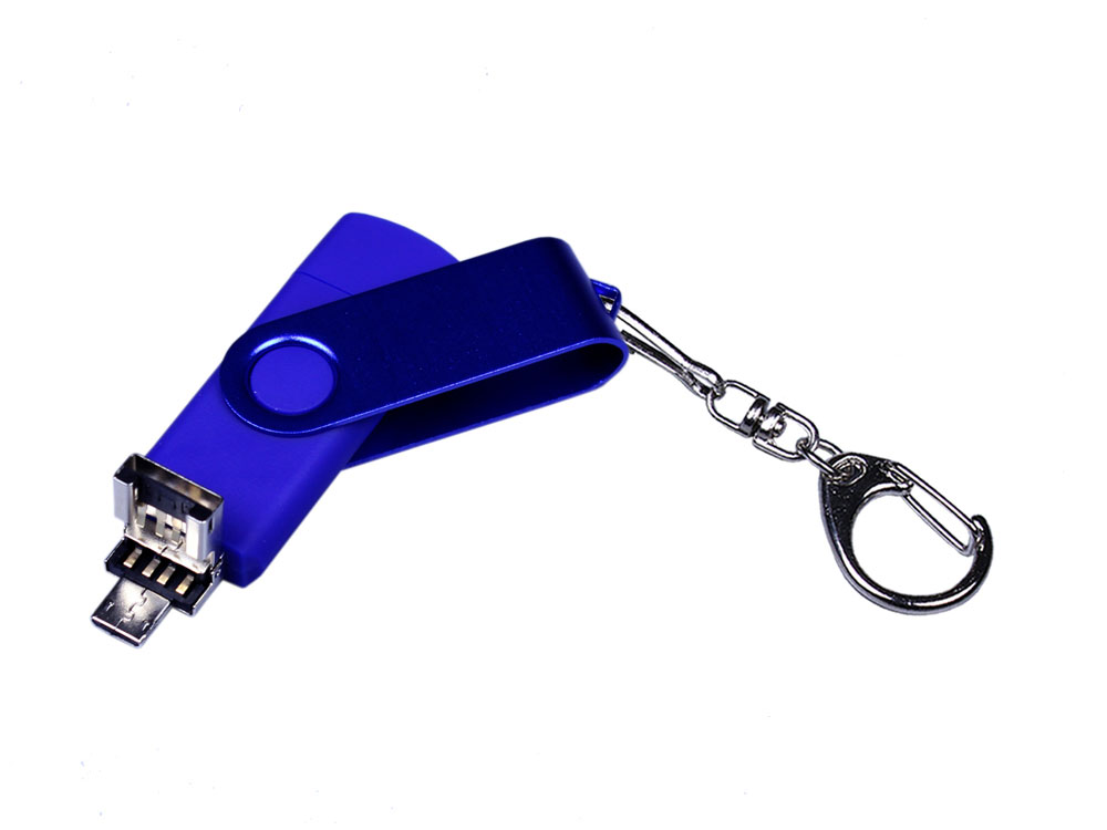 USB-флешка на 16 Гб 3 в 1 поворотный механизм, c двумя дополнительными разъемами MicroUSB и TypeC C с одноцветным металлическим клипом, синий