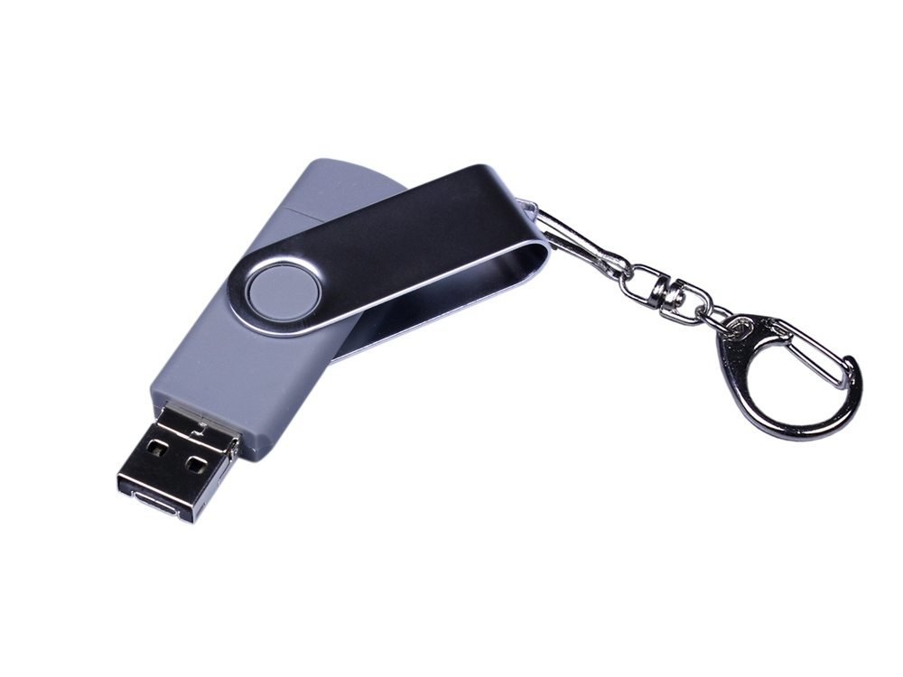 USB-флешка на 32 Гб поворотный механизм, c двумя дополнительными разъемами MicroUSB и TypeC, серебро, серебристый