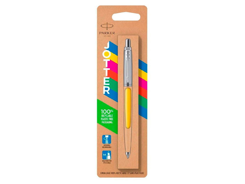 Шариковая ручка Parker Jotter ORIGINALS YELLOW CT, стержень: M blue ЭКО-УПАКОВКА, желтый, серебристый