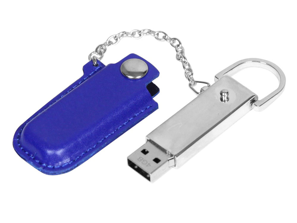Флешка в массивном корпусе с кожаным чехлом, 8 Гб, синий, синий, серебристый