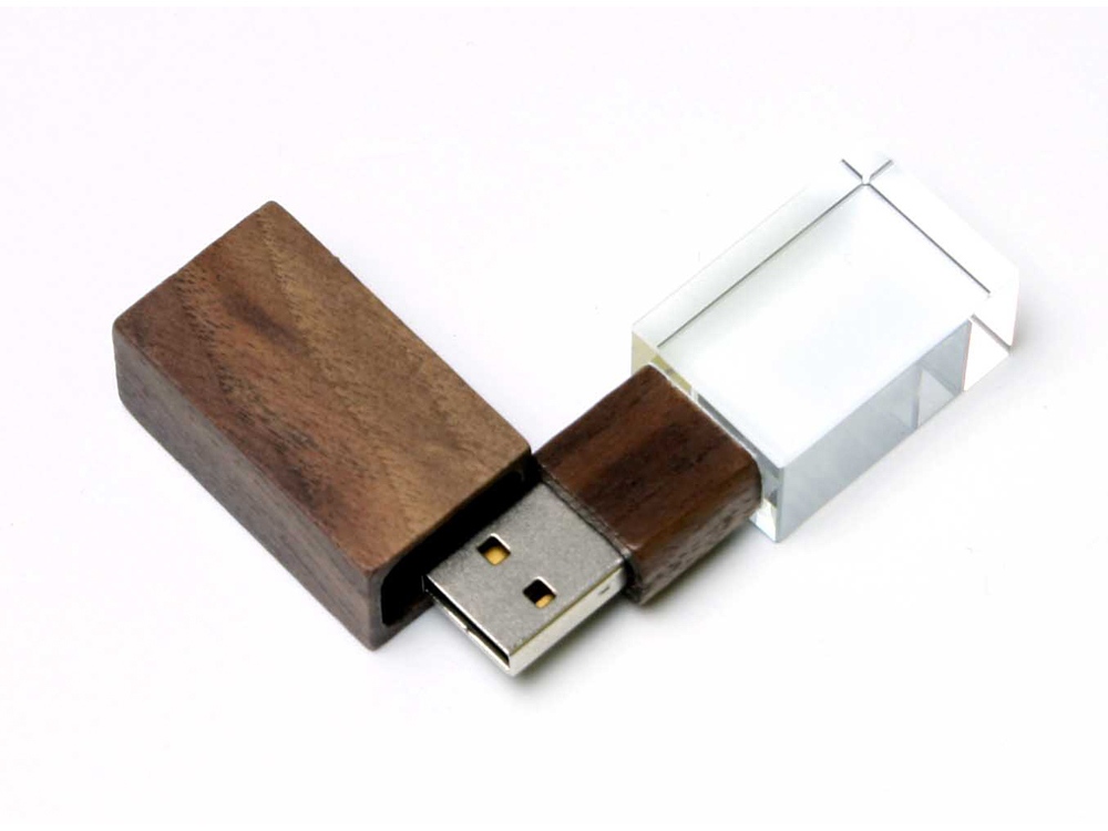 USB-флешка на 64 ГБ прямоугольной формы, под гравировку 3D логотипа, материал стекло, с деревянным колпачком красного цвета, зеленый, коричневый, прозрачный, зеленый