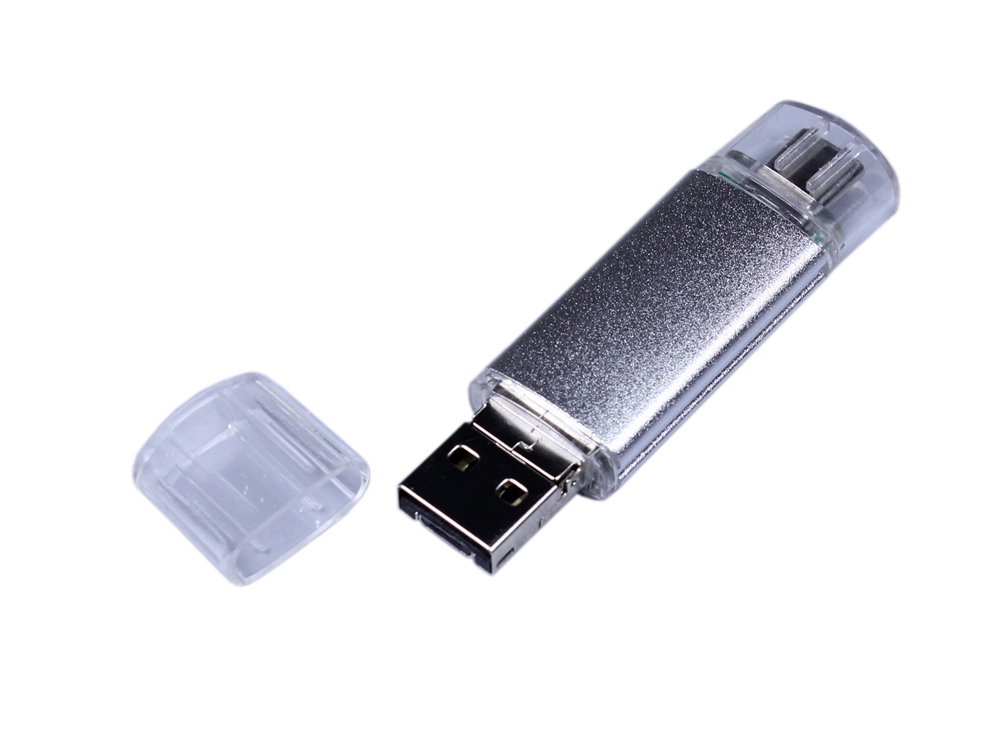 USB-флешка на 32 Гб c двумя дополнительными разъемами MicroUSB и TypeC, серебро, серебристый
