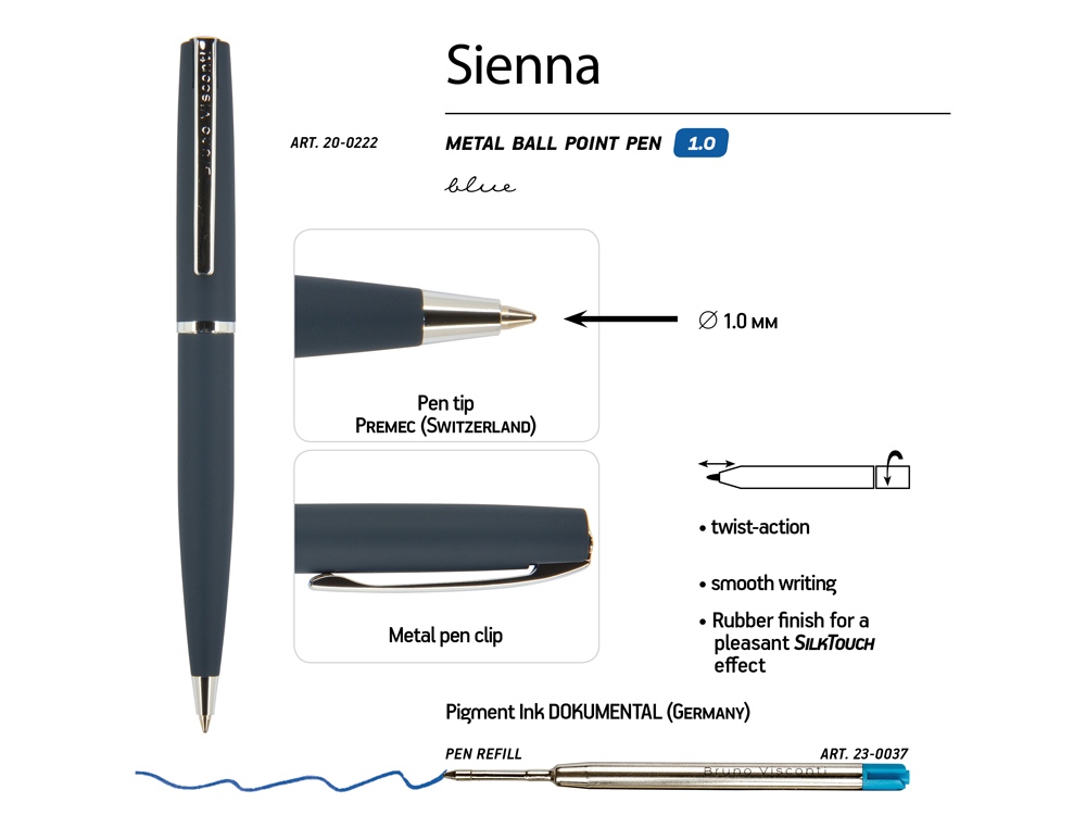 Ручка Sienna шариковая  автоматическая, синий металлический корпус soft-touch, 1.0 мм, синяя