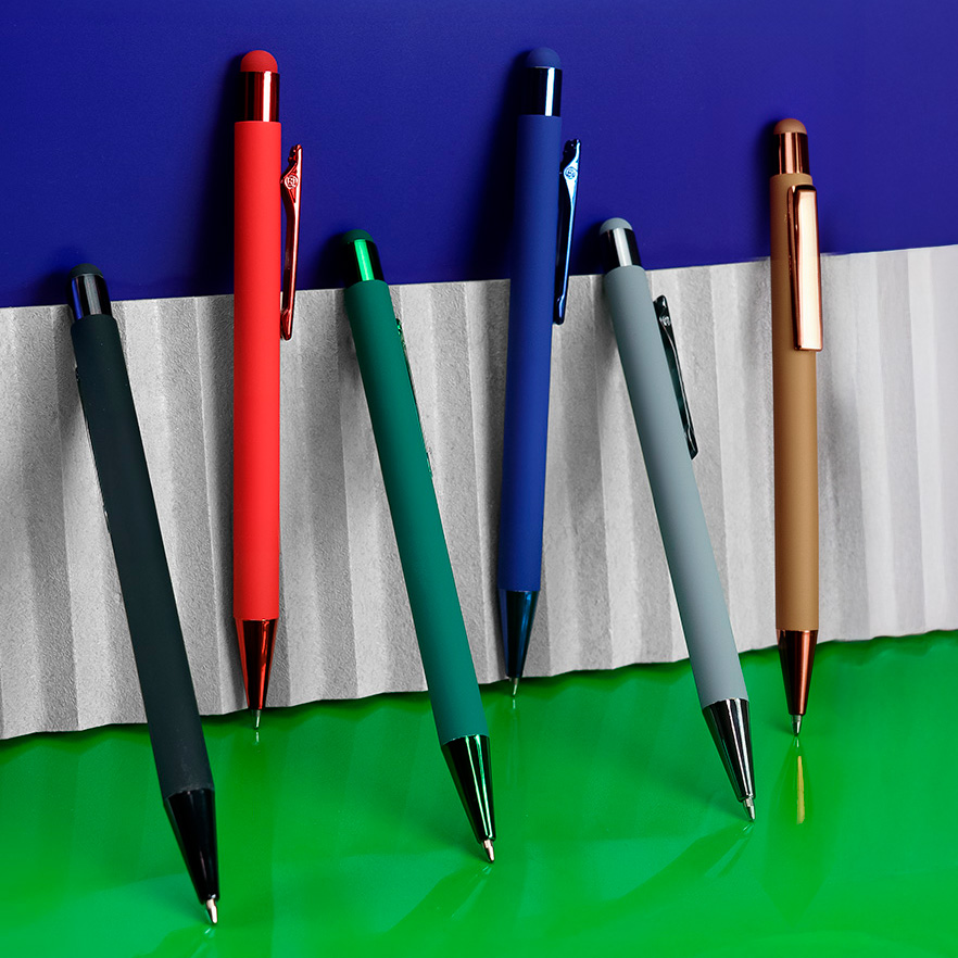 Ручка шариковая FACTOR COLOR со стилусом, красный, металл, пластик, софт-покрытие