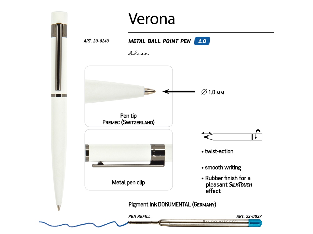 Ручка шариковая автоматическая BrunoVisconti VERONA цвет корпуса белый, soft-touch, 1 мм, синяя