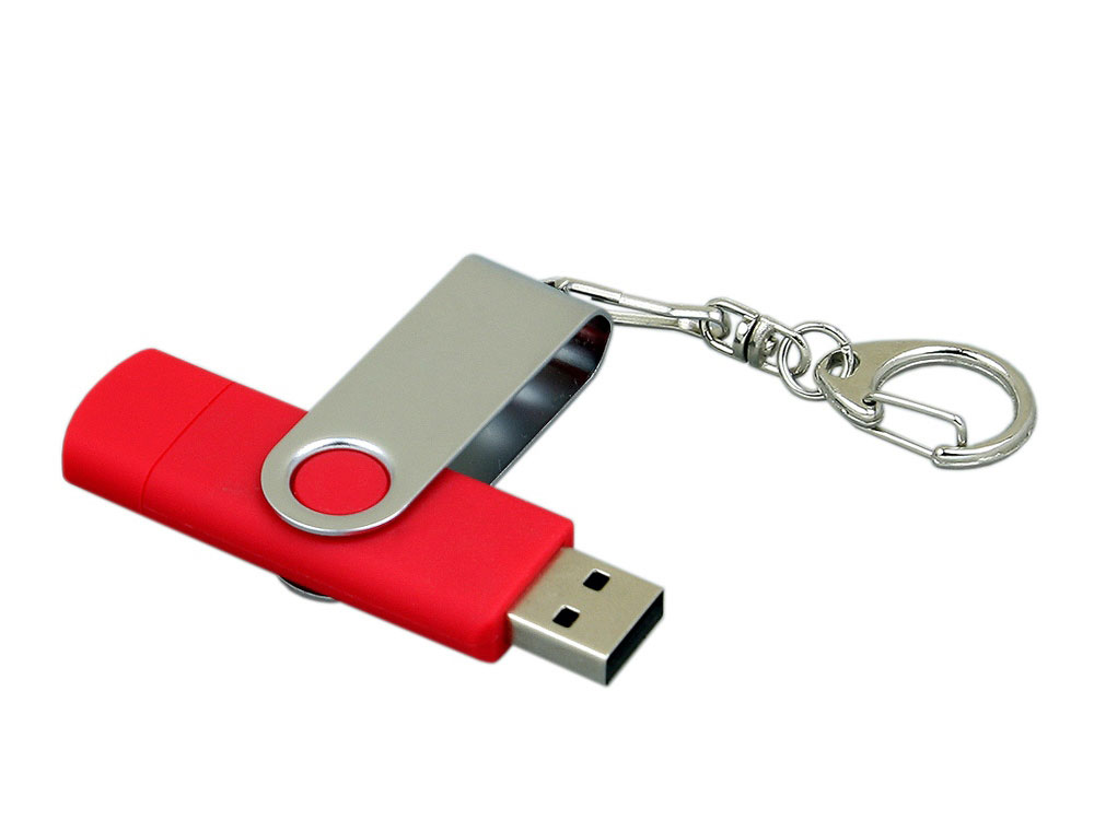 Флешка с  поворотным механизмом, c дополнительным разъемом Micro USB, 64 Гб, красный, красный, серебристый