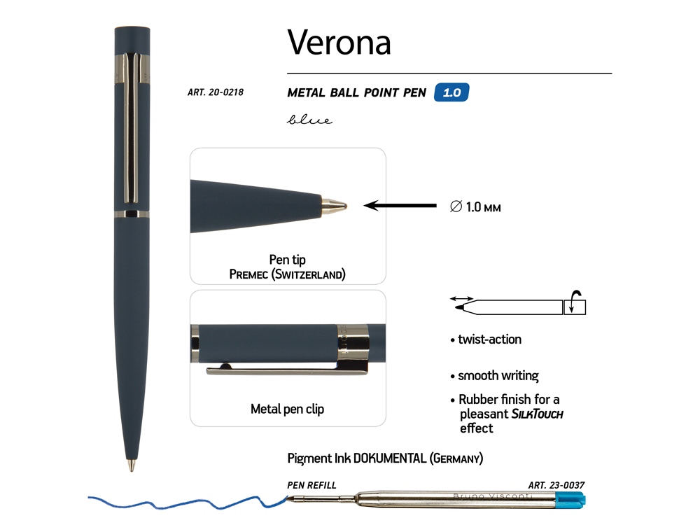Ручка шариковая автоматическая BrunoVisconti VERONA цвет корпуса синий, soft-touch, 1 мм, синяя