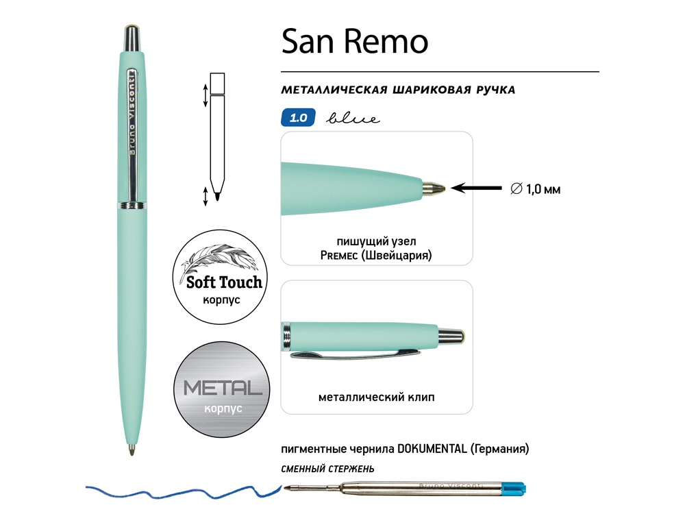 Ручка металлическая шариковая San Remo, софт-тач, 1.0 мм, мятный, зеленый