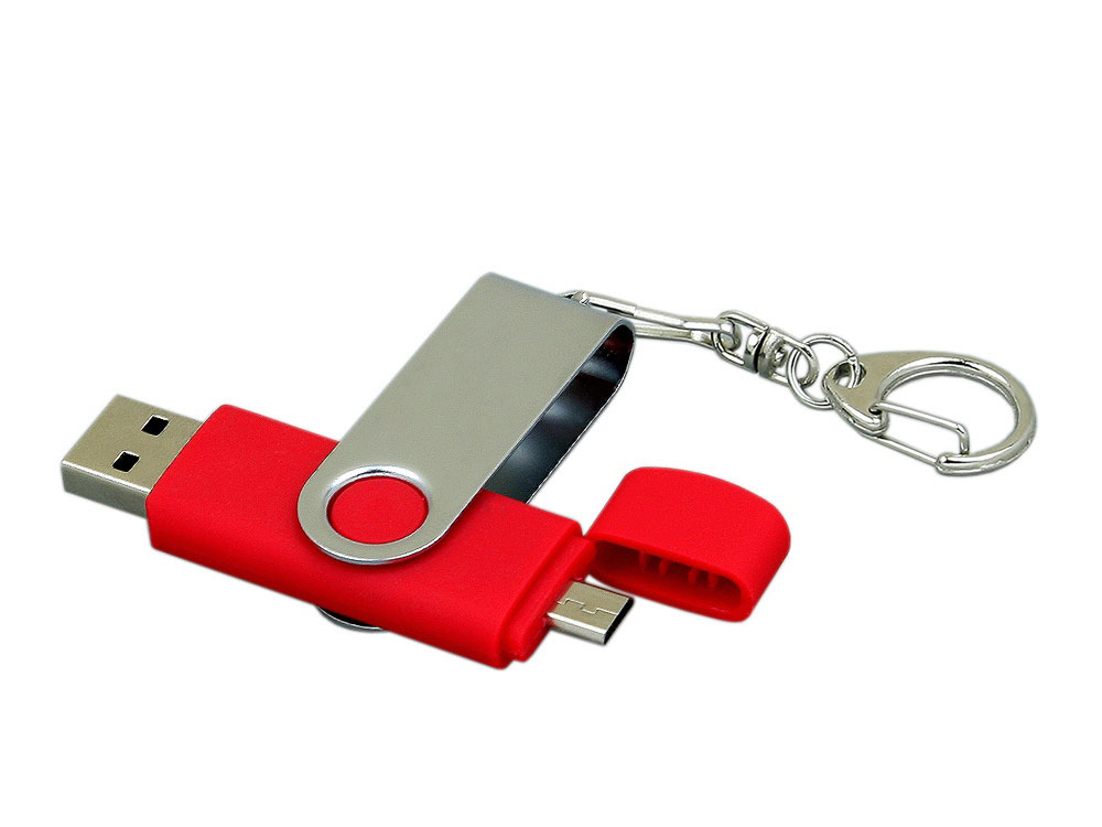 Флешка с  поворотным механизмом, c дополнительным разъемом Micro USB, 64 Гб, красный, красный, серебристый