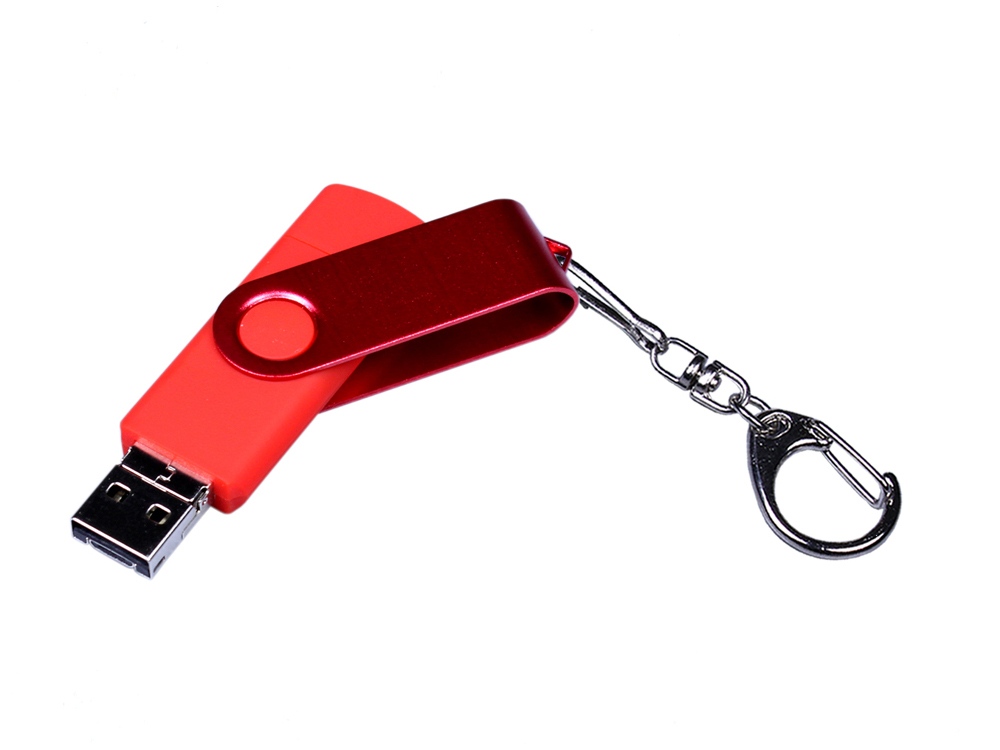 USB-флешка на 16 Гб 3 в 1 поворотный механизм, c двумя дополнительными разъемами MicroUSB и TypeC C с одноцветным металлическим клипом, красный