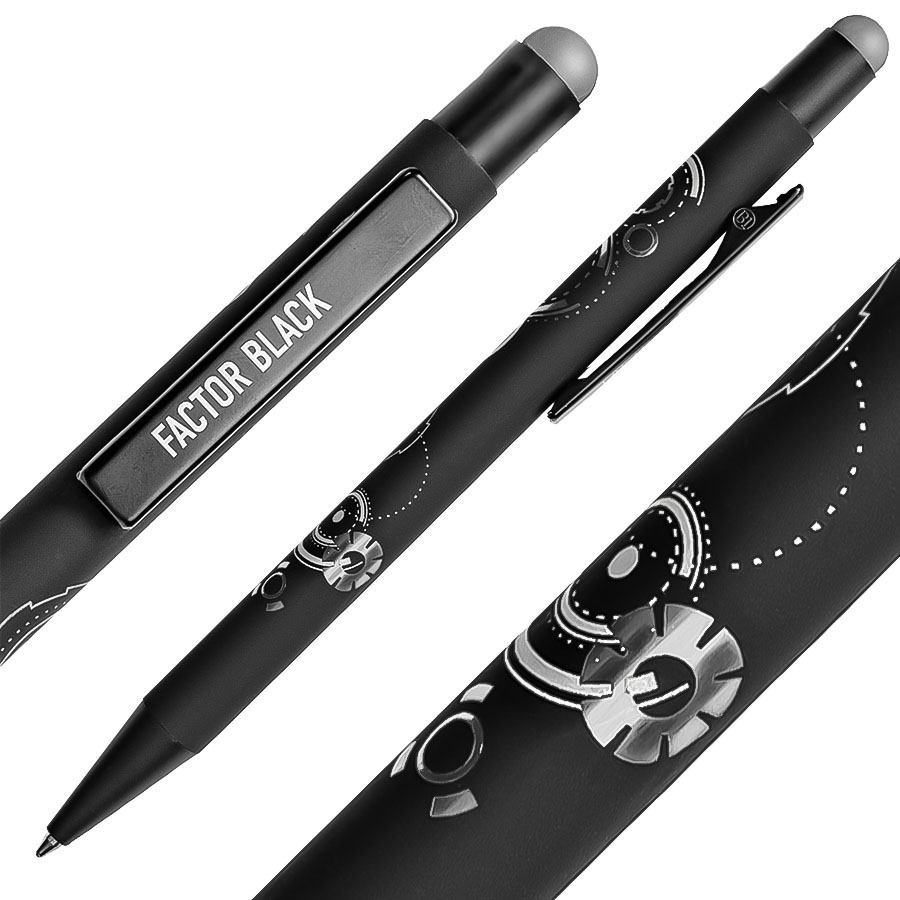 Ручка шариковая FACTOR BLACK со стилусом, черный/серебро, металл, пластик, софт-покрытие