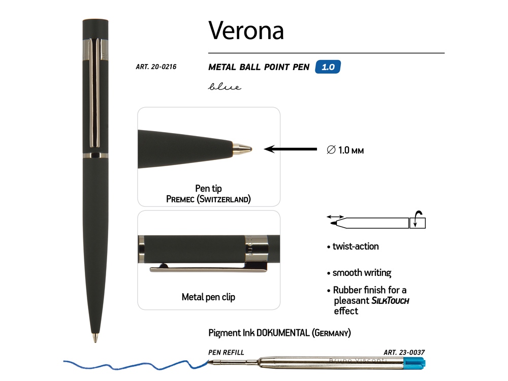 Ручка шариковая автоматическая BrunoVisconti VERONA цвет корпуса черный, soft-touch, 1 мм, синяя