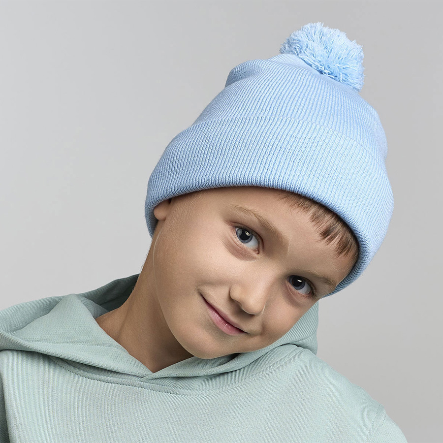 Шапка вязаная детская двойная с отворотом и помпоном "KID WIND-S", ярко-синий, 100% полиэстер