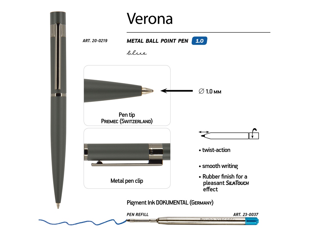 Ручка шариковая автоматическая BrunoVisconti VERONA цвет корпуса серый, soft-touch, 1 мм, синяя, графит