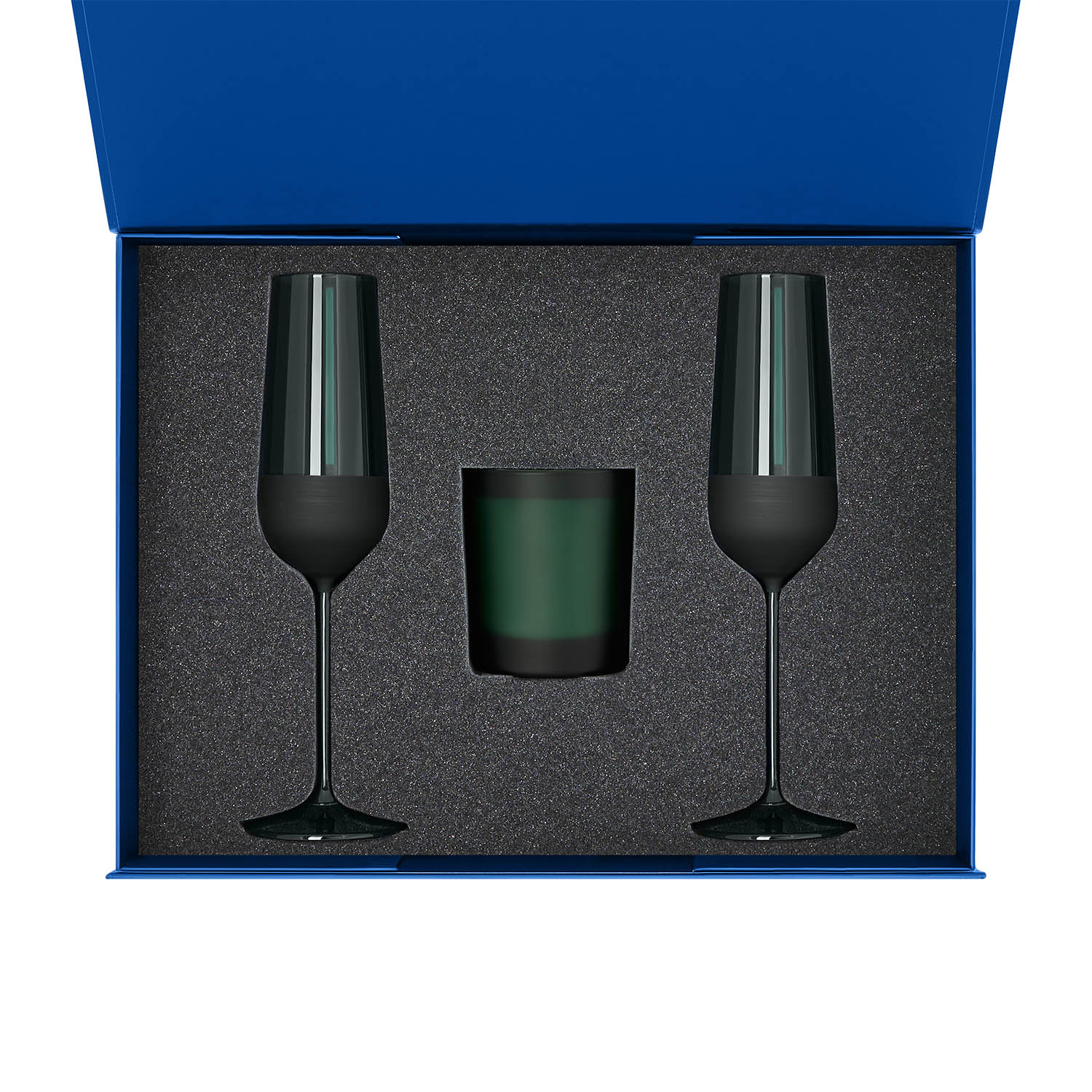 Подарочный набор свеча Enigma + 2 бокала для шампанского Emerald в синей коробке