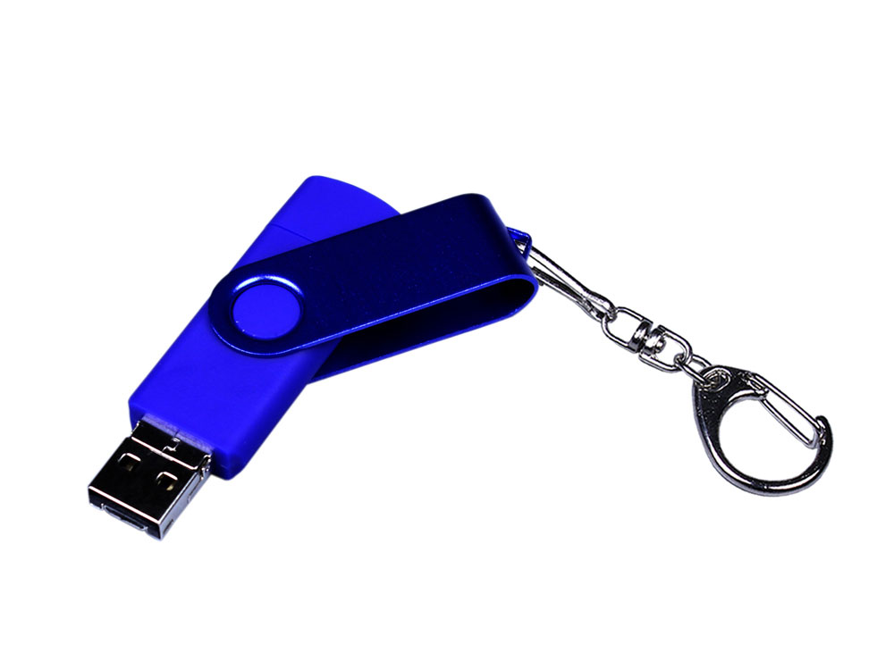 USB-флешка на 16 Гб 3 в 1 поворотный механизм, c двумя дополнительными разъемами MicroUSB и TypeC C с одноцветным металлическим клипом, синий